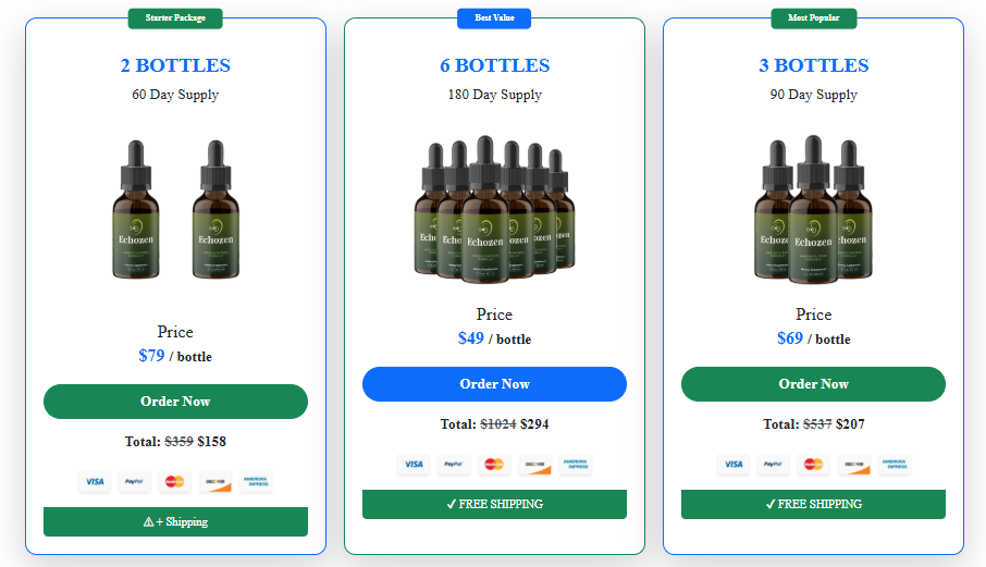 Echozen pricing packages: 2 bottles at $79 per bottle, 6 bottles at $49 per bottle (best value) and 3 bottles at $69 per bottle (most popular)