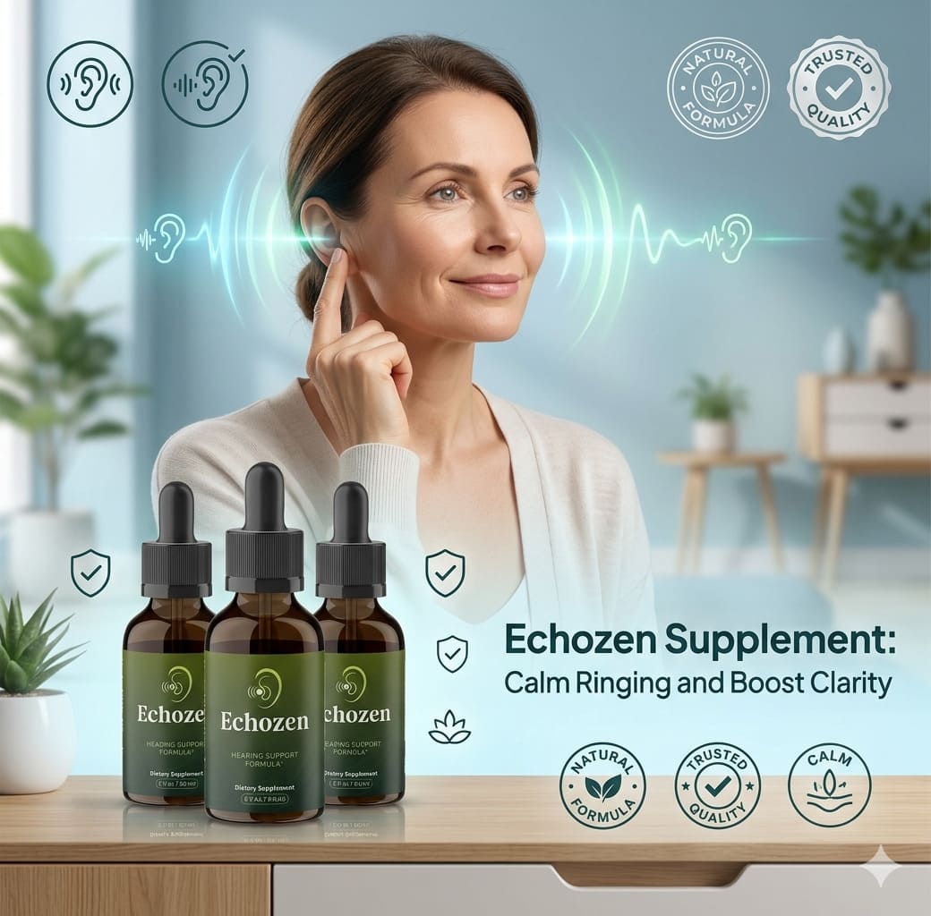 Echozen supplement bottles arranged on a bright table with sound wave graphics